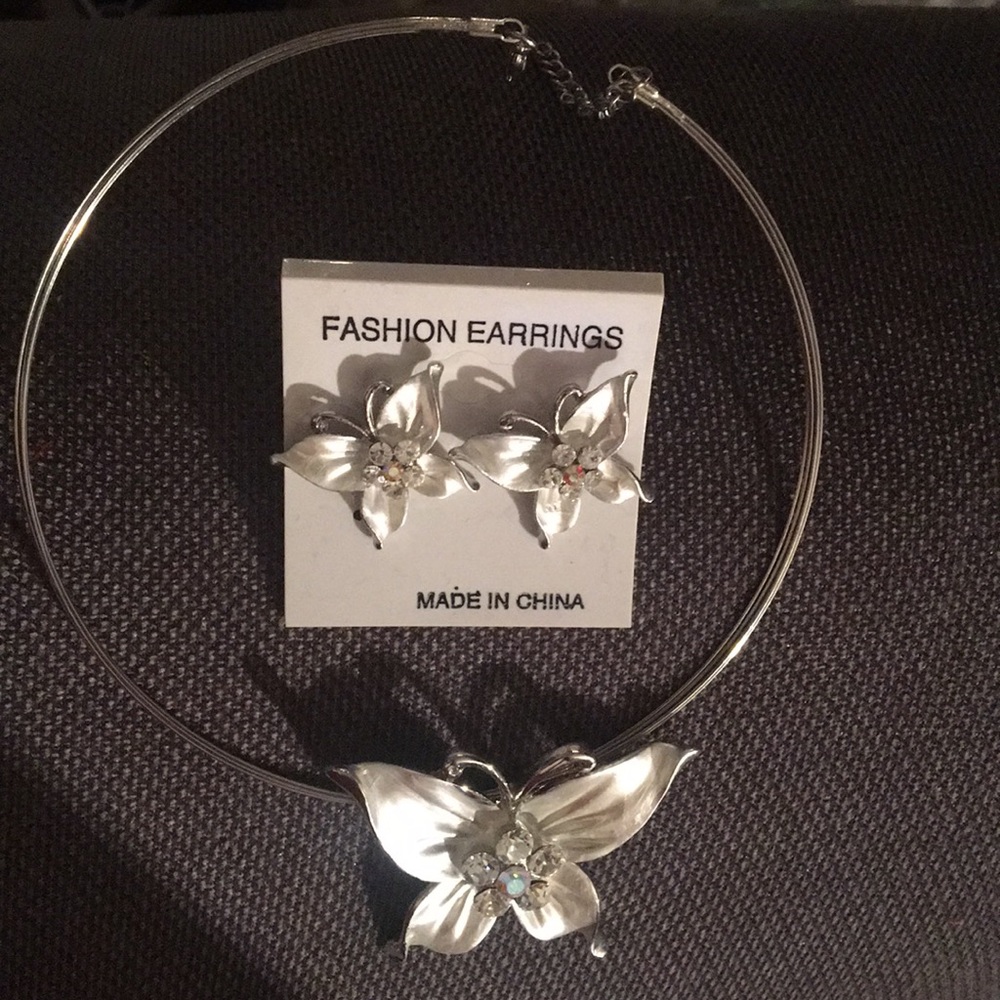 The silver Butterfly earringsand Necklace